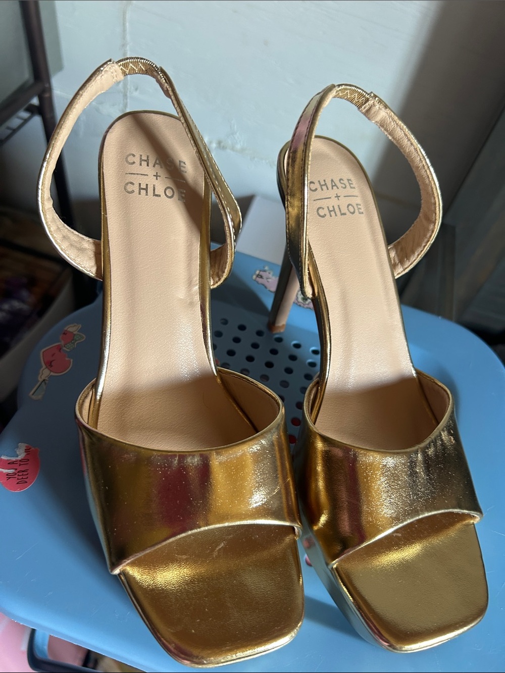 Chase + Chloe Metallic Gold Square-Toe Slingback Heels